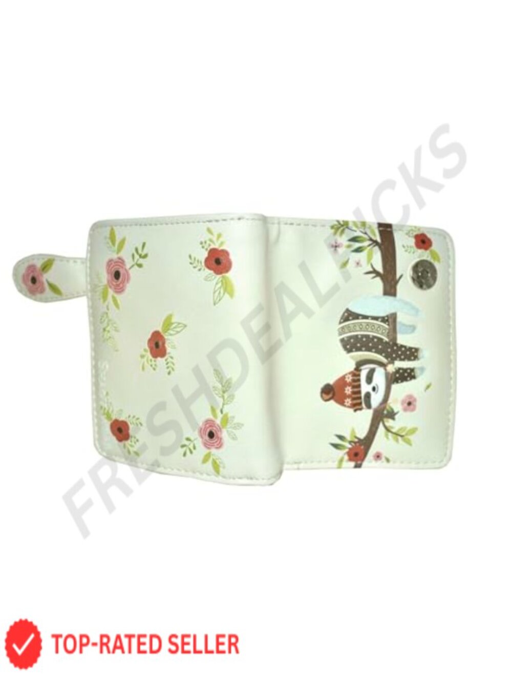 Sloth Design Vegan Faux Leather Compact Wristlet Wallet with Card Slots and